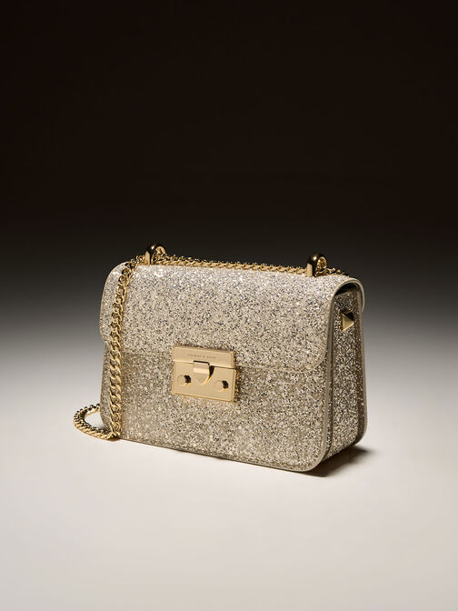 Glittered Push-Lock Chain-Handle Bag, Ivory, hi-res