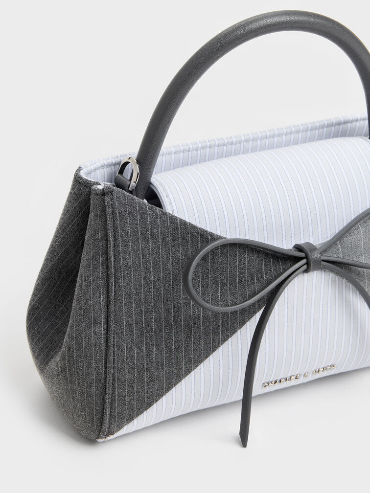 Hazel Striped Bow Panelled Top Handle Bag, Grey, hi-res