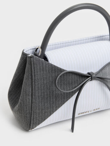 Hazel Striped Bow Panelled Top Handle Bag, Grey, hi-res