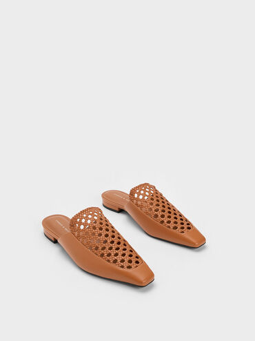Woven Tapered Flat Mules, Cognac, hi-res