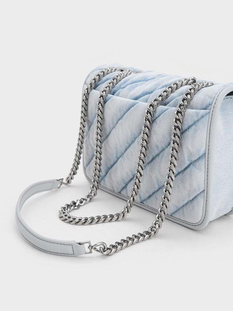Neva Denim Panelled Chain-Strap Crossbody Bag, Light Washed Denim, hi-res