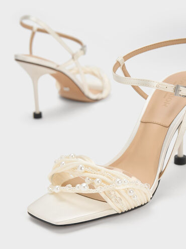Leda Beaded Asymmetric Satin Sandals, White, hi-res