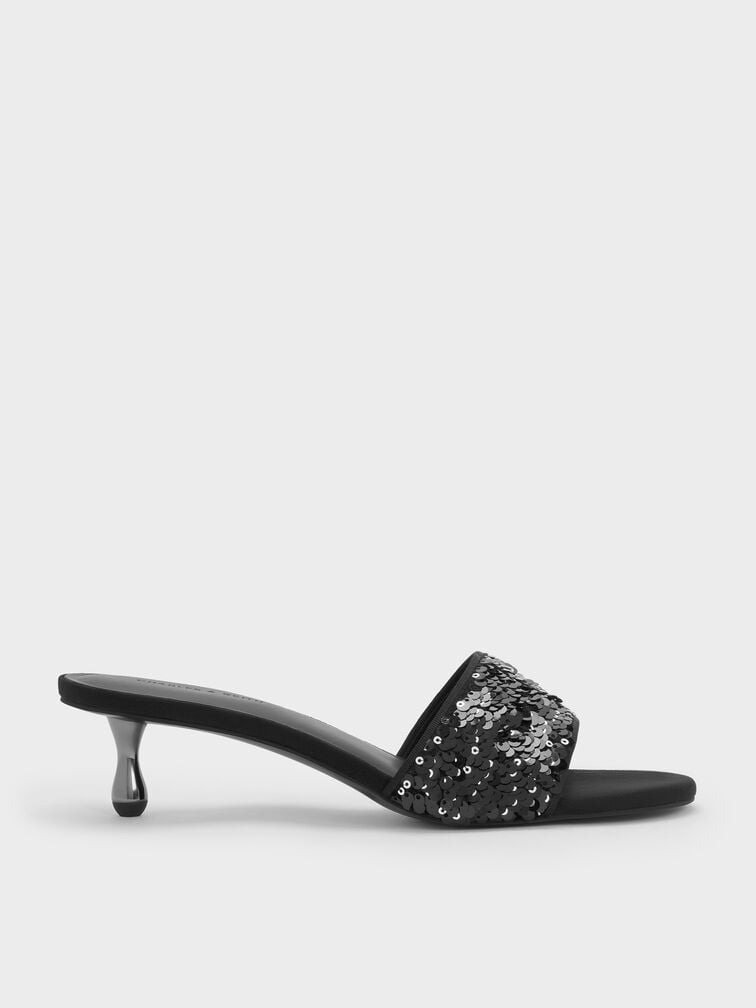 Ruthie Sequinned Heeled Mules, Black Textured, hi-res