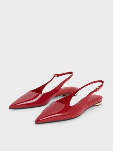 Patent Pointed-Toe Slingback Flats, Red, hi-res