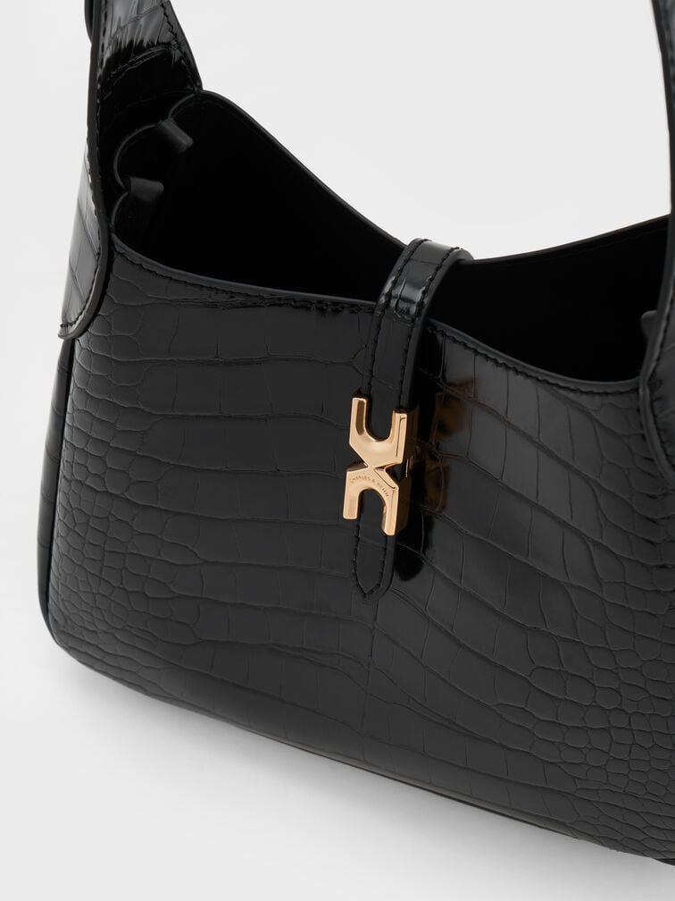 Mini Adalyn Croc-Effect Metallic-Buckle Belted Hobo Bag, Black Croco, hi-res