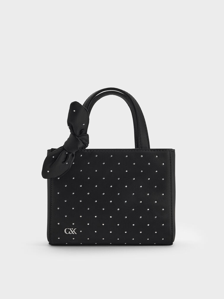 Satin Studded Knot-Bow Mini Bag, Noir Studded Satin, hi-res