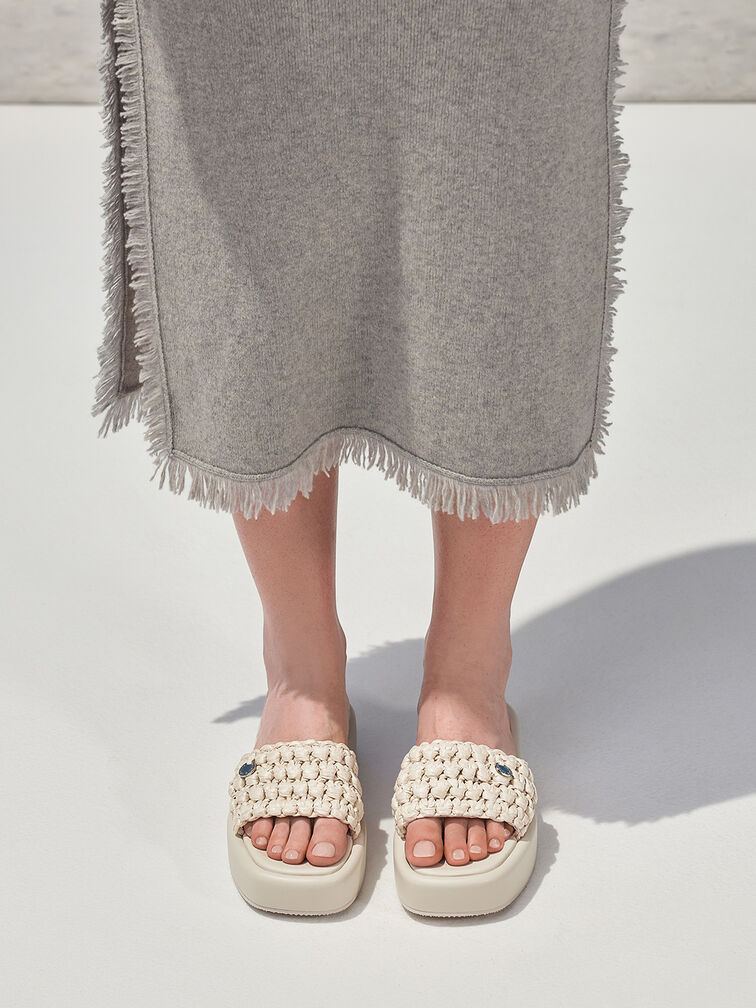 Raffia Woven Flatform Sandals, Chalk, hi-res