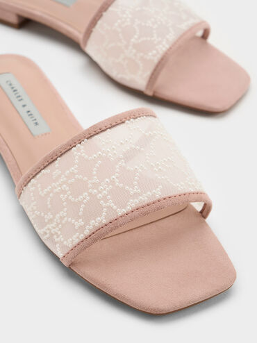 Bead-Embellished Mesh Flat Sandals, Nude, hi-res
