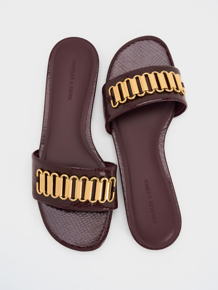 Snake-Print Metallic-Accent Slide Sandals, Animal Print Burgundy, hi-res
