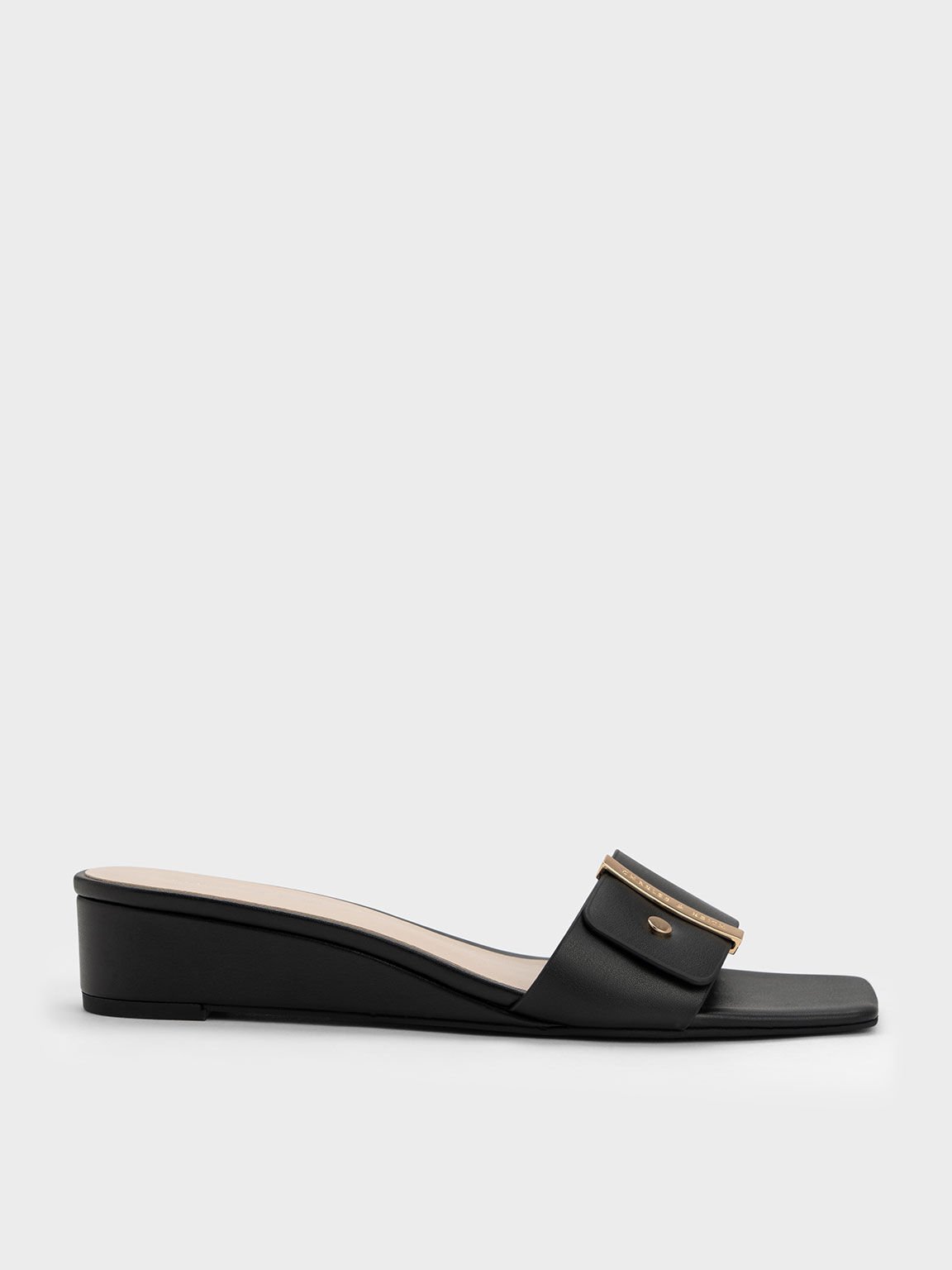 Black Metallic Accent Square Toe Wedges CHARLES KEITH IN