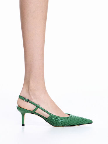 Woven Slingback Pumps, Green, hi-res