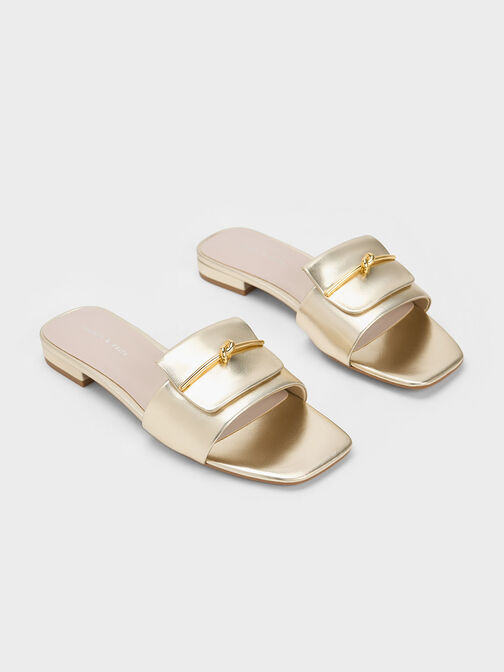 Metallic Knotted Accent Slide Sandals, Gold, hi-res