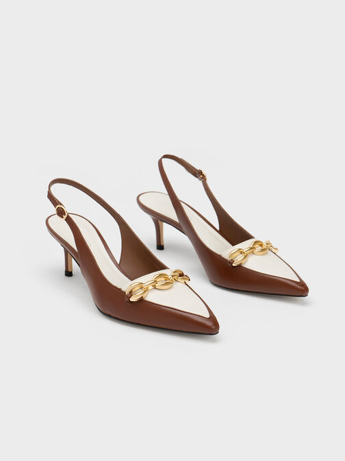 Avani Chunky Chain-Embellished Slingback Pumps, Cognac, hi-res