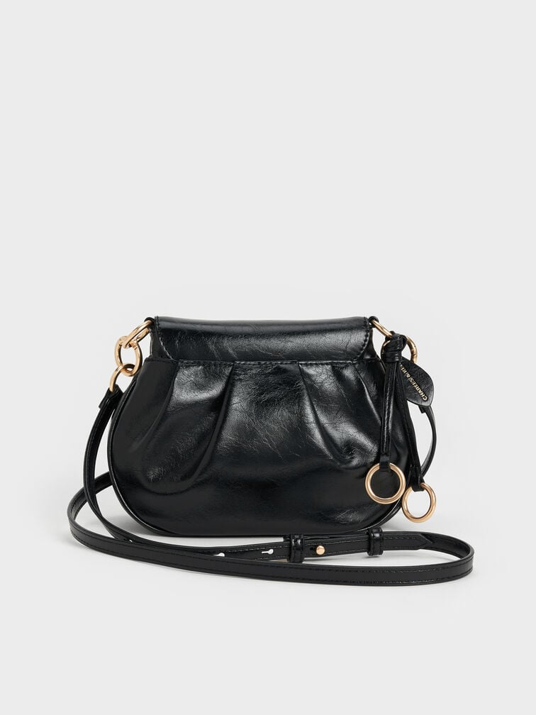 Britton Crinkle-Effect Ruched Saddle Bag, Black, hi-res