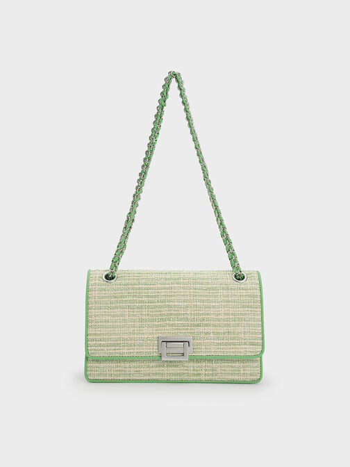 Metallic Push-Lock Tweed Bag, Green, hi-res