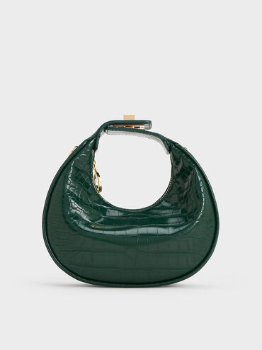 Mini Croc-Effect Moon Bag, Dark Green, hi-res