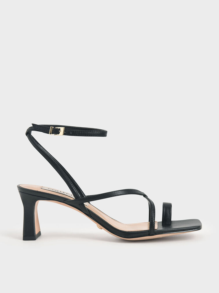 Leather Strappy Crossover Sandals, Black, hi-res