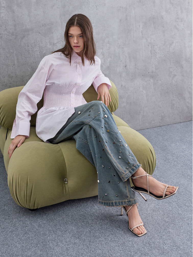 Patent Strappy Heeled Sandals, Taupe, hi-res