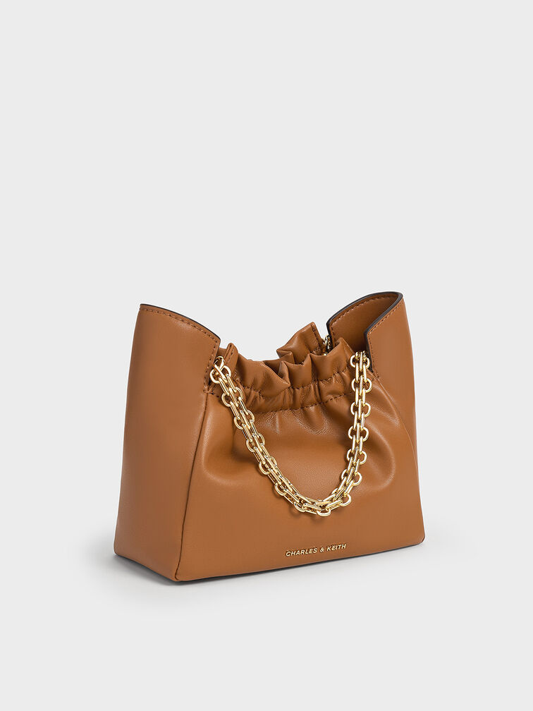 Brigette Ruched Chain-Handle Shoulder Bag, Brown, hi-res