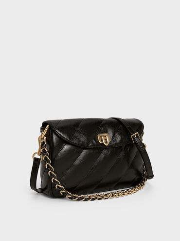 Fawn Panelled Front Flap Chain-Handle Bag, Black, hi-res
