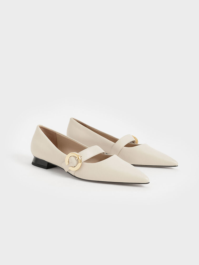 Metallic Buckle Leather Mary Janes, Chalk, hi-res