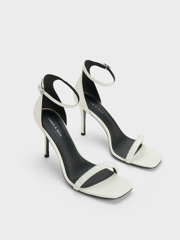 Beaded Strap Heeled Sandals, White, hi-res