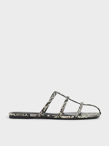 Snake Print Strappy Caged Flat Sandals, Multi, hi-res