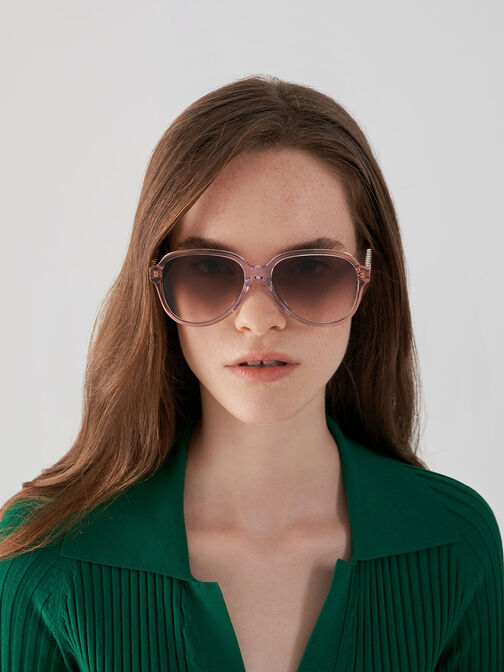 Metallic Braided Temple Acetate Aviator Sunglasses, Pink, hi-res