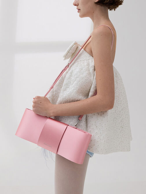 Satin Bow Elongated Shoulder Bag, Flamingo Pink, hi-res