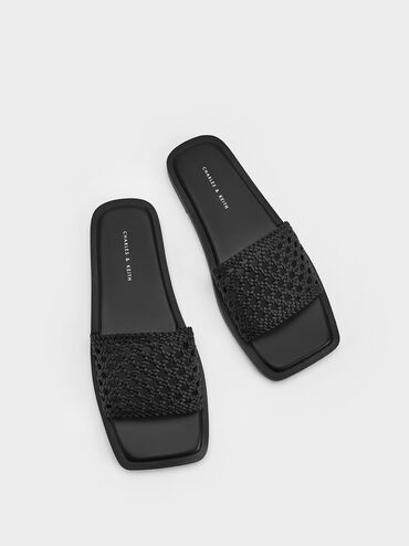 Woven Square-Toe Slides, Black, hi-res