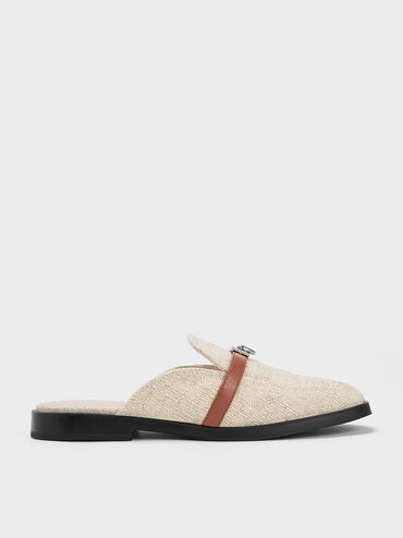 Metallic Accent Linen Loafer Mules, Beige, hi-res