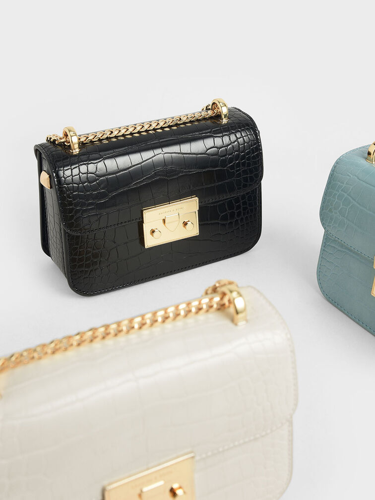Alva Croc-Effect Chain Strap Crossbody Bag, Black, hi-res