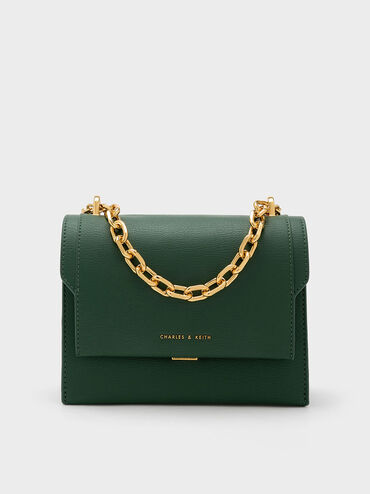 Front Flap Chain Handle Crossbody Bag, Dark Green, hi-res