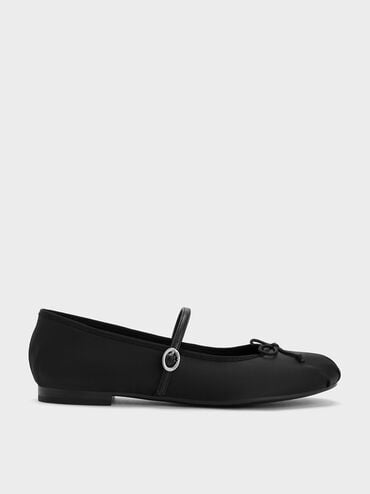 Satin Bow Mary Jane Flats, Black, hi-res