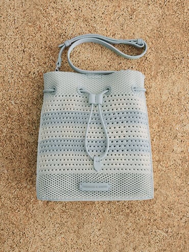 Ida Checkered Knitted Bucket Bag, Sea Salt Blue, hi-res