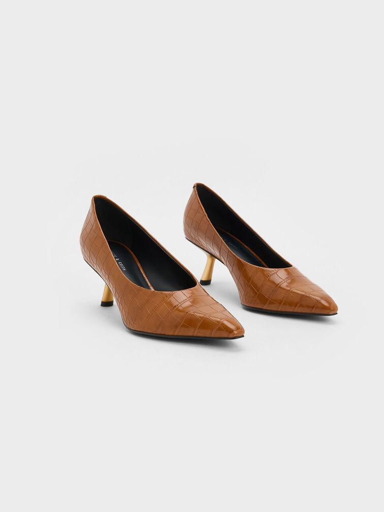 Croc-Effect Slant Heel Pumps, Animal Print Brown, hi-res