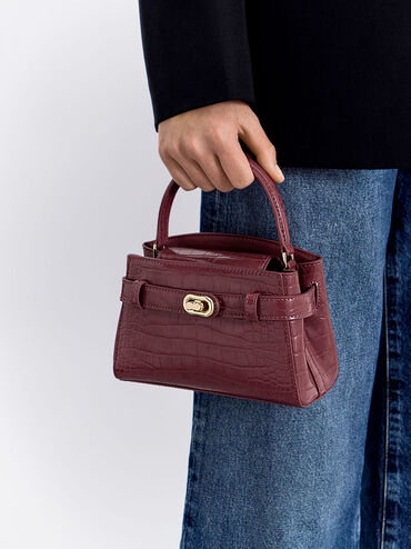 Aubrielle Croc-Effect Top Handle Bag, Burgundy, hi-res