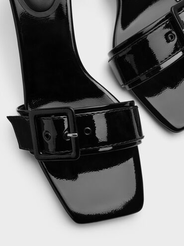 Patent Buckle-Strap Heeled Mules, Black Patent, hi-res