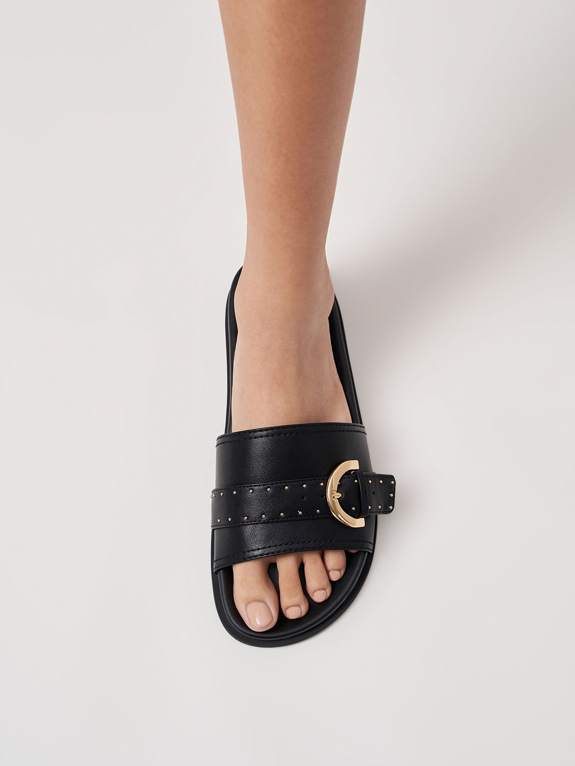 Black Studded Buckle Slide Sandals CHARLES KEITH IN