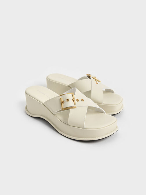 Buckled Crossover Curved Platform Sandals, Chalk, hi-res