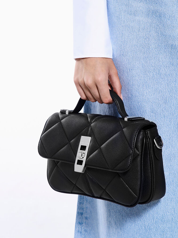 Anwen Quilted Top Handle Bag, Noir, hi-res