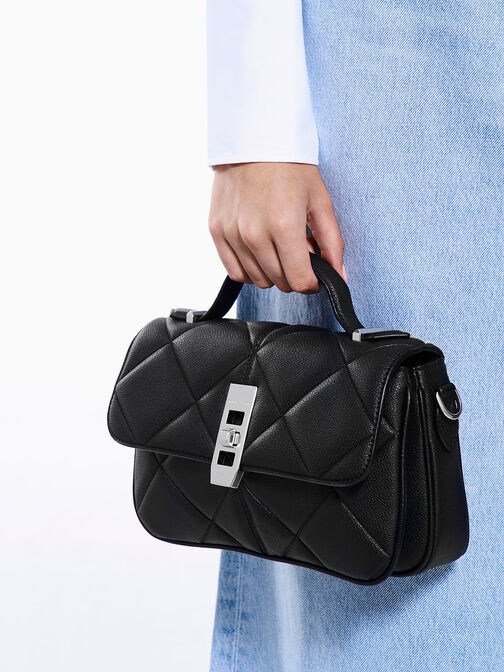 Anwen Quilted Top Handle Bag, Noir, hi-res