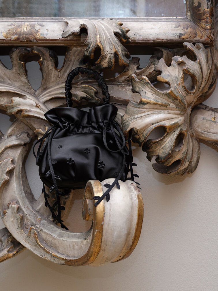 Mabel Satin Floral-Vine Bucket Bag, Noir, hi-res