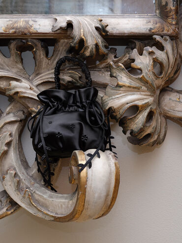 Mabel Satin Floral-Vine Bucket Bag, Noir, hi-res