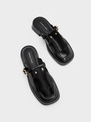 Studded Cut-Out Fringe Mules, Black Box, hi-res