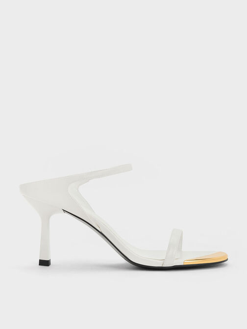 Metallic Cap Stiletto Heel Mules, White, hi-res