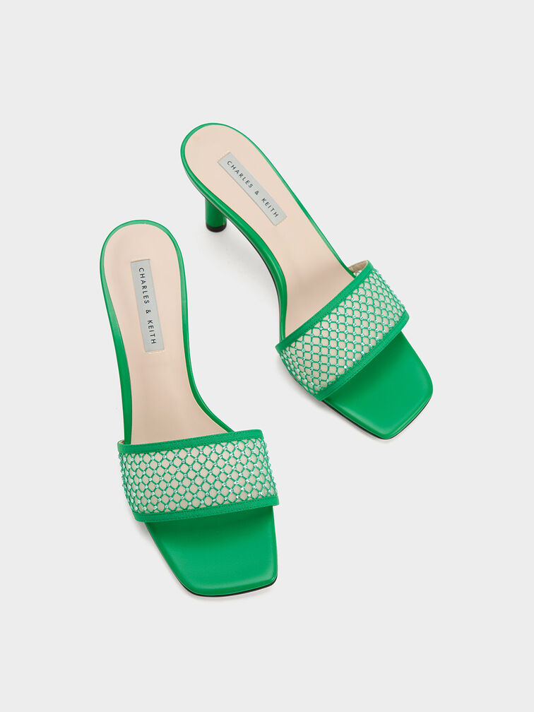Gem-Encrusted Cylindrical Heel Mesh Sandals, Green, hi-res