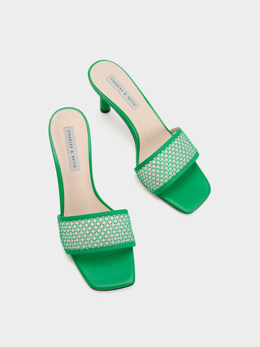 Gem-Encrusted Cylindrical Heel Mesh Sandals, Green, hi-res