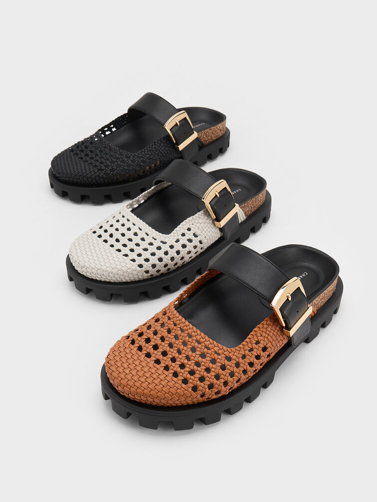 Woven Buckled Flat Mules, Cognac, hi-res