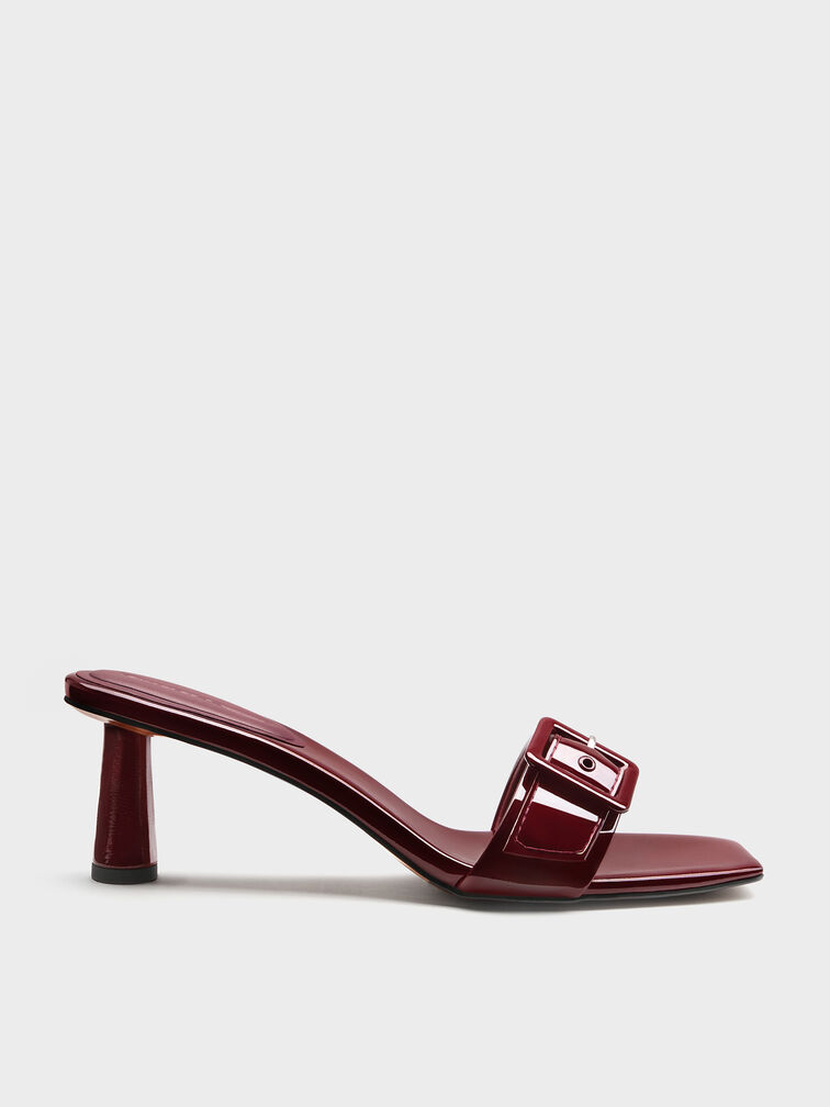 Patent Buckle-Strap Heeled Mules, Burgundy, hi-res